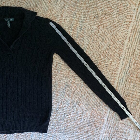 Lauren Ralph Lauren Black Collared Cable Knit Sweater Women's Size Medium Lambsw - Picture 7 of 10